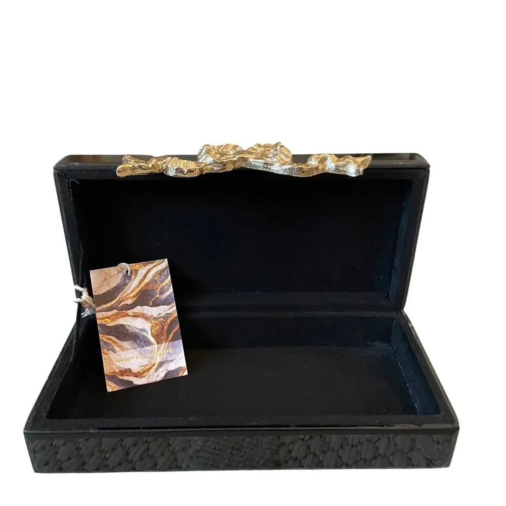 Black Lacquered Box with Gold Bow Motif 8.5 x 4.5 Made in India NEW